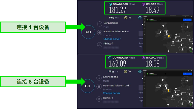 速度测试的屏幕截图显示了连接到英国 IPVanish 服务器的 1 台设备和连接了 8 台设备的速度差异。