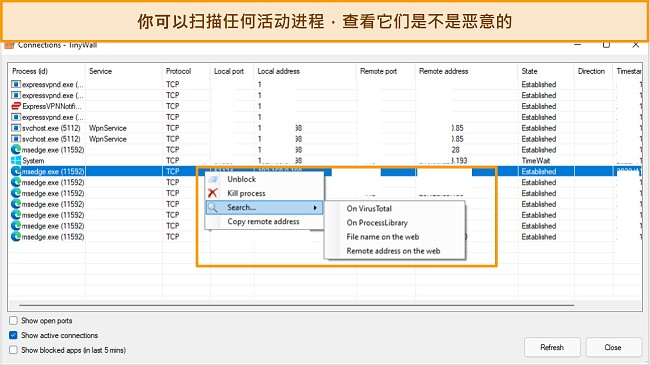 Tinywall 连接选项卡的屏幕截图