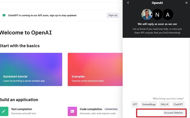 Capture d'écran de la suppression du compte ChatGPT