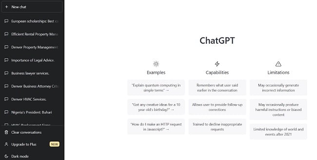 Captura de tela das opções do ChatGPT