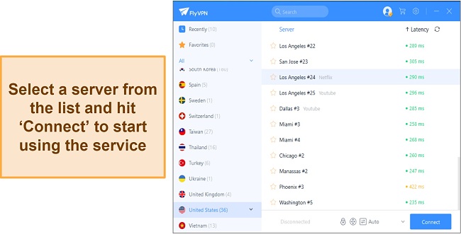 Screenshot of FlyVPN's app interface