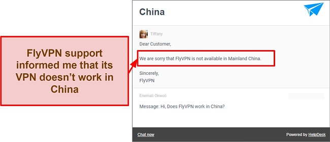 Screenshot of FlyVPN support stating that the VPN doesn't work in China
