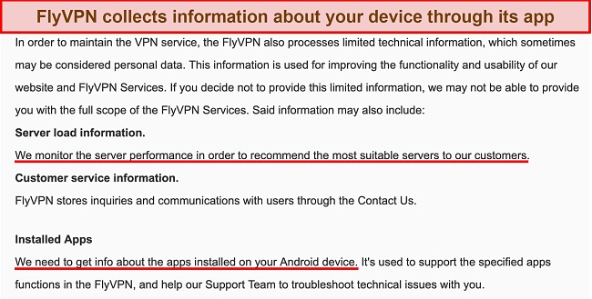 Screenshot of FlyVPN privacy policy