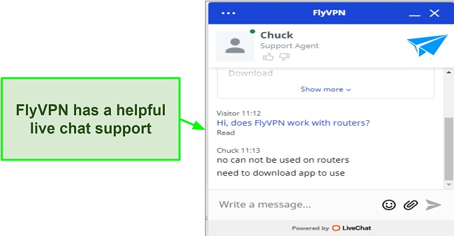 Screenshot of live chat with FlyVPN