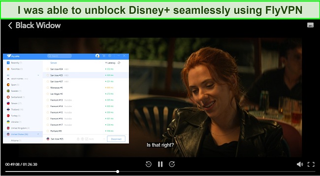Screenshot of FlyVPN unblocking Disney+