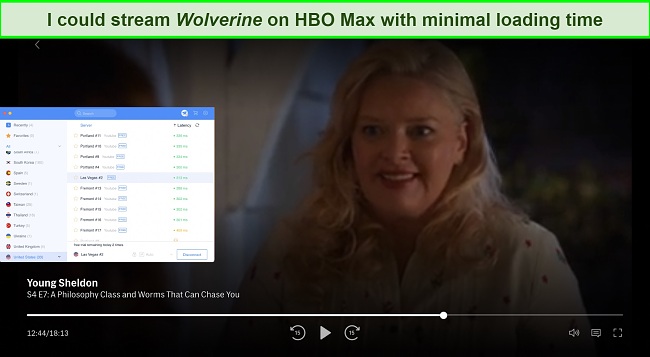 Screenshot of FlyVPN unblocking HBO Max