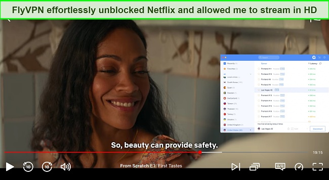 Screenshot of FlyVPN unblocking Netflix US