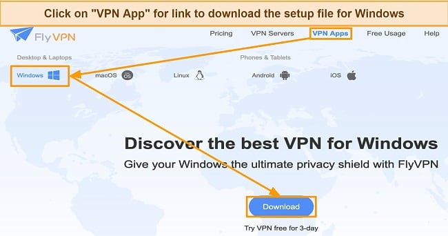 Screenshot of FlyVPN's app download page