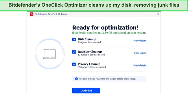 Screenshot showing Bitdefender's OneClick optimizer results
