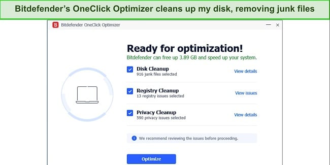 Screenshot showing Bitdefender's OneClick optimizer results