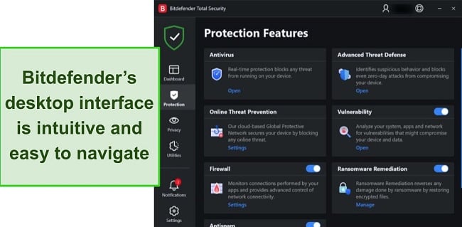 Screenshot of Bitdefender's Windows' app interface