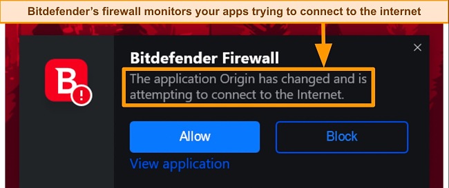 Screenshot showing Bitdefender's Firewall protection