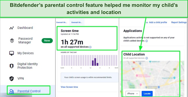 Screenshot showing Bitdefender's parental controls dashboard