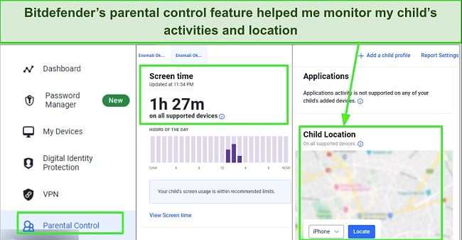 Screenshot showing Bitdefender's parental controls dashboard