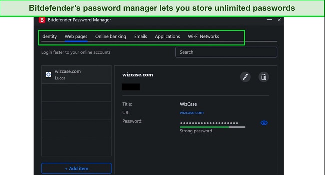 Screenshot of Bitdefender's password vault