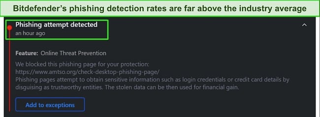 Screenshot of Bitdefender blocking phishing threat