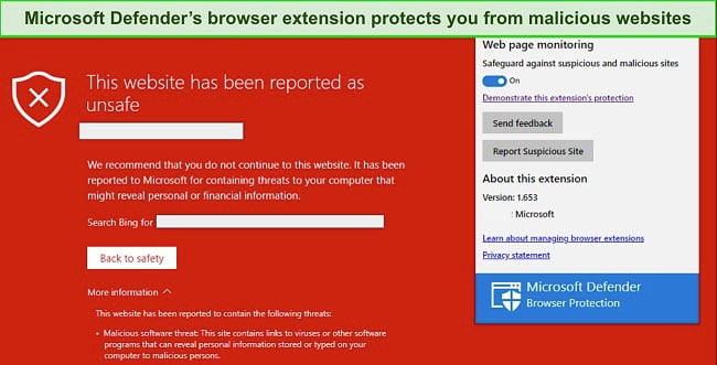 Screenshot of Microsoft Defender browser protection