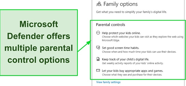 Screenshot of Microsoft Defender parental control options