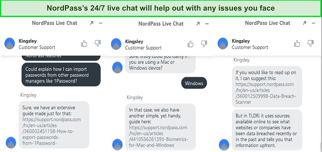 NordPass’ 24/7 live chat provides help whenever needed