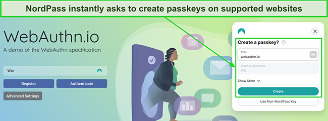 Screenshot of NordPass prompting to create a passkey on a website that supports it