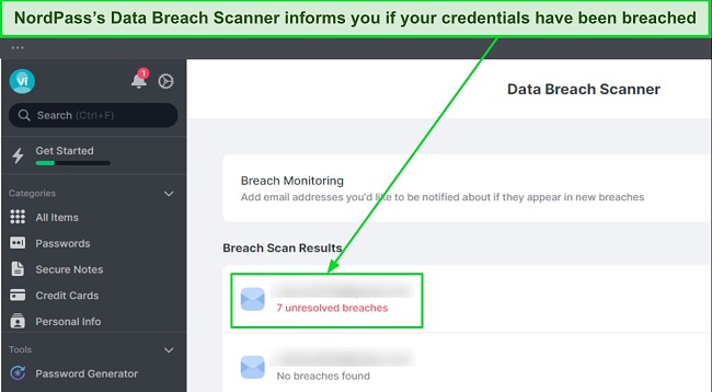 Screenshot of NordPass Data Breach Scanner Results