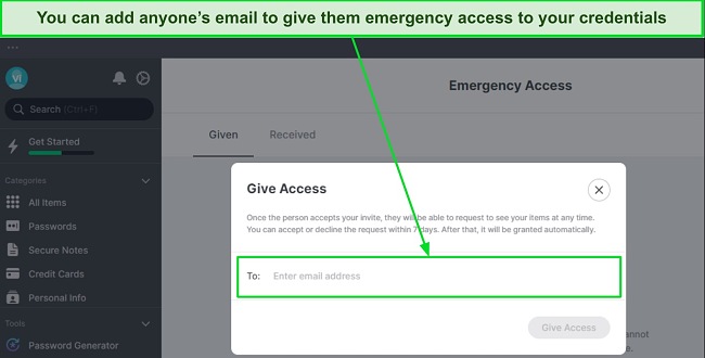 You can enter people’s emails to give them emergency access