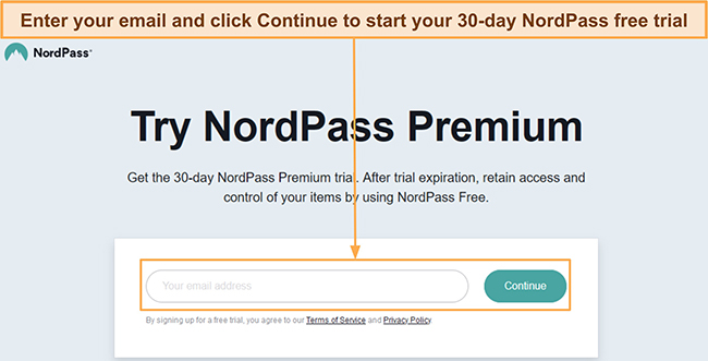 Screenshot showing how to sign up for NordPass' free trial