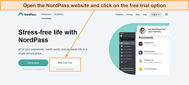 Screenshot showing how to choose NordPass' free trial