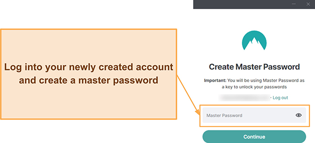 Screenshot showing how to set up a master password for NordPass