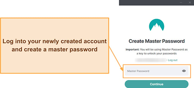 Screenshot showing how to set up a master password for NordPass