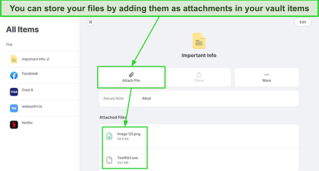 Screenshot showing how you can store files in NordPass' vault