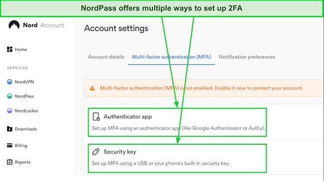 NordPass supports multiple two-factor authentication options