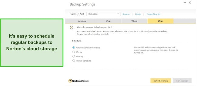 Norton cloud storage screenshot