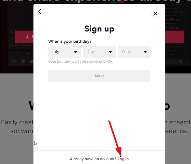 TikTok LIVE Studio login link screenshot