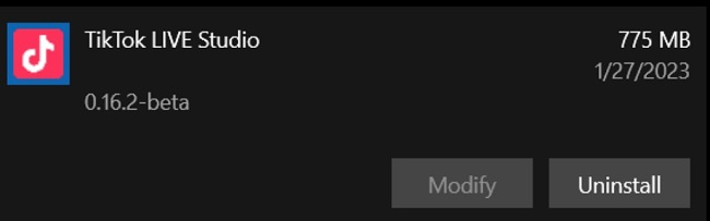Schermata di disinstallazione di TikTok LIVE Studio