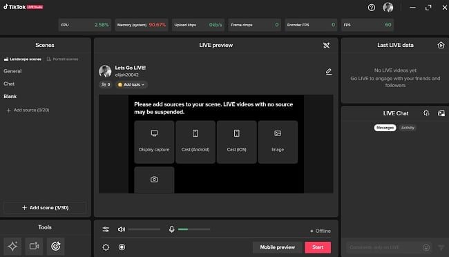 Schermata dell'interfaccia utente di TikTok LIVE Studio