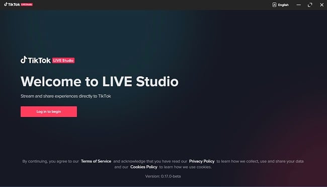 Captură de ecran a paginii de bun venit TikTok LIVE Studio