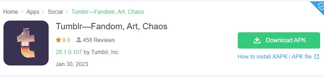 Schermata del pulsante APK per il download di Tumblr
