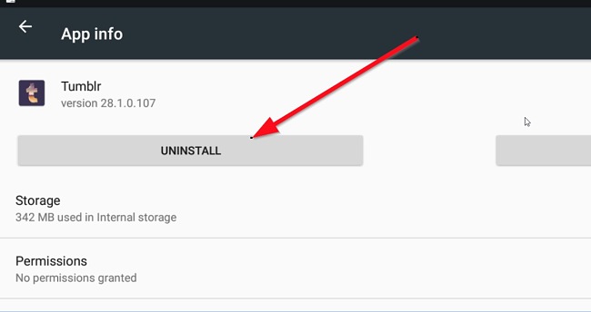 Schermata di disinstallazione di Tumblr