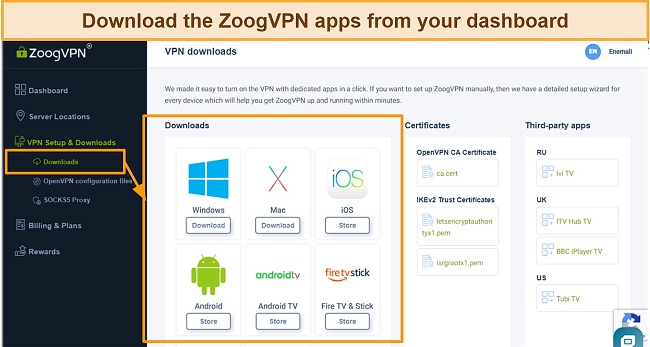 Screenshot of ZoogVPN's app download page
