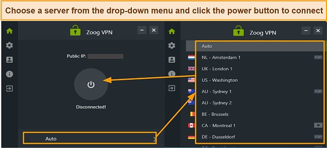 Screenshot of ZoogVPN app interface