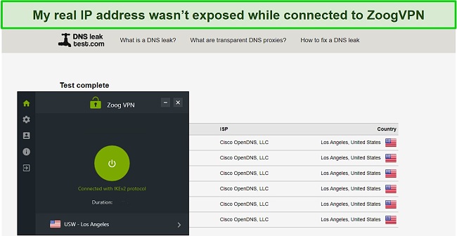Screenshot of ZoogVPN passing my DNS leak test