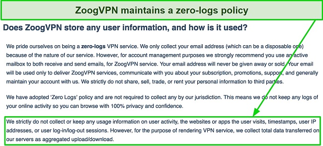Screenshot of ZoogVPN privacy policy page