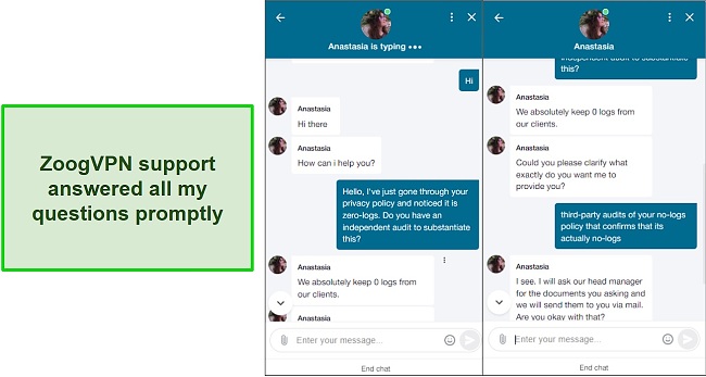 Screenshot of live chat with ZoogVPN support