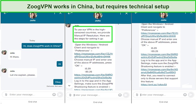 Screenshot of chat with ZoogVPN support confirming the VPN works in China