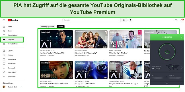 Screenshot, der die YouTube Originals-Bibliothek auf YouTube Premium zeigt, während PIA mit einem britischen Server verbunden ist