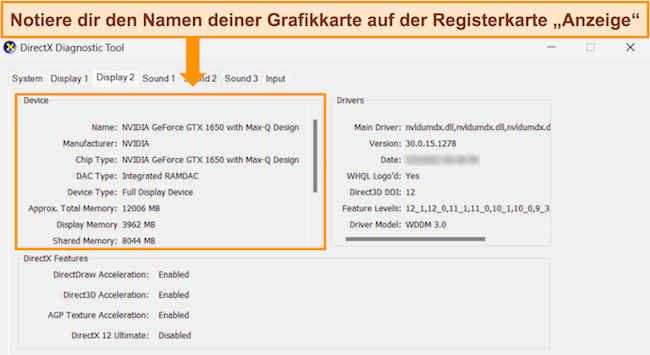 Screenshot des DirectX-Diagnosetools, das die Registerkarte „Anzeige“ hervorhebt, auf der Details zur Grafikkarte angezeigt werden.