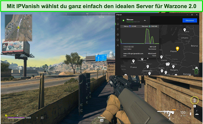 Screenshot von IPVanish, das beim Spielen von Warzone 2.0 mit einem polnischen Server verbunden ist