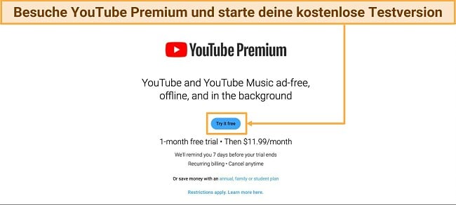 Screenshot des kostenlosen Testangebots der offiziellen YouTube Premium-Website (USA)