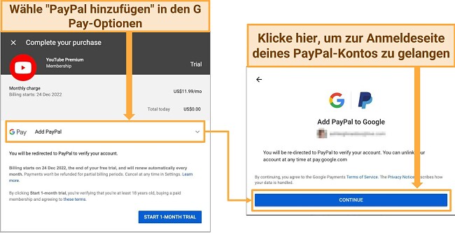 Screenshot des kostenlosen Testangebots für die YouTube Premium Google Pay PayPal-Option (USA)